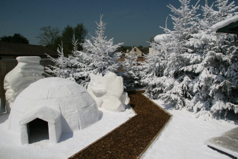 Igloo and snow zone for live events and attractions, eco friendly outdoor artificial snow, snow capped trees by FX Live