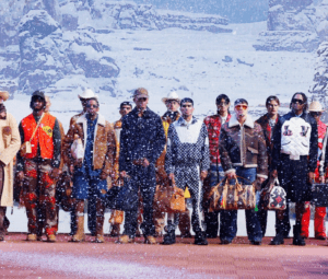 pharrell williams LV catwalk with artificial snow from FX Live UK